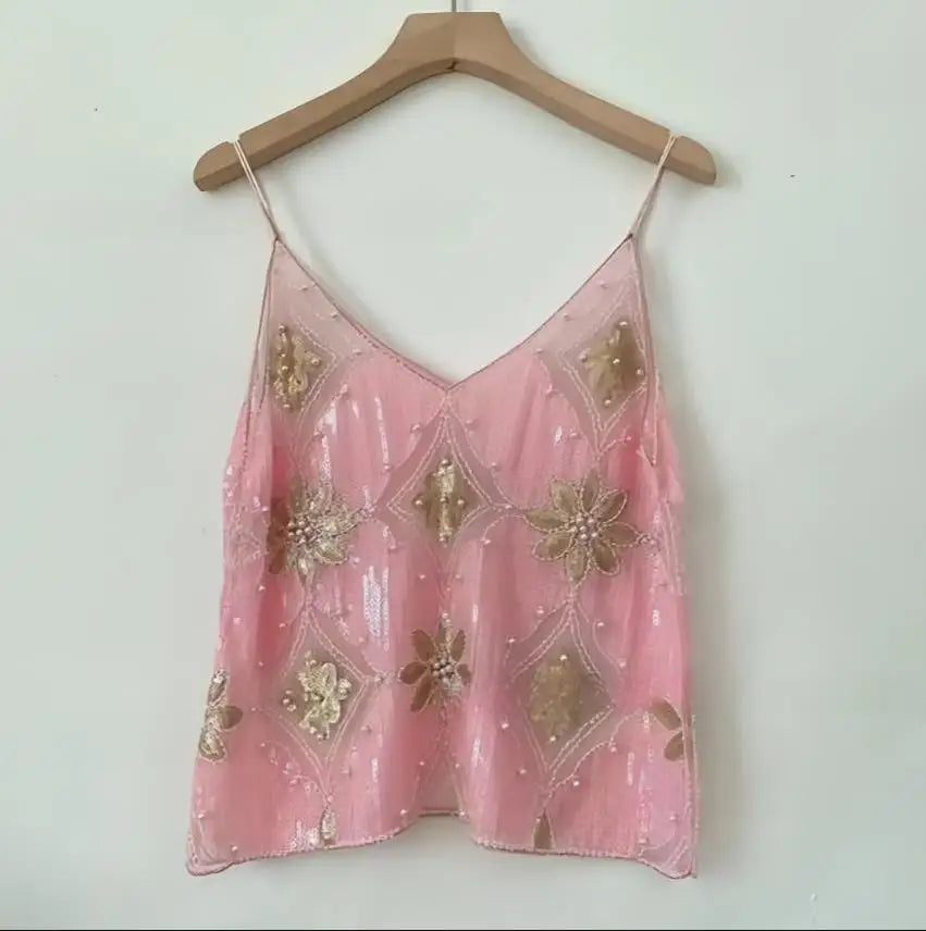 Summer Women Bling Sequined Tanks Tops Sexy Beaded Work Mesh Tops Chic Women Sparkly Cami Vest Femme Streetwear