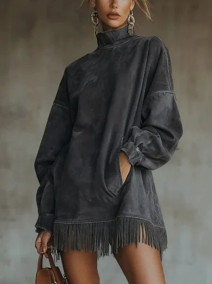 Woman Clothes Elegant Party Dresses Suede Fashion Long Sleeve high collar fringe Skirt Dress Woman Mini Dresses Female clothing