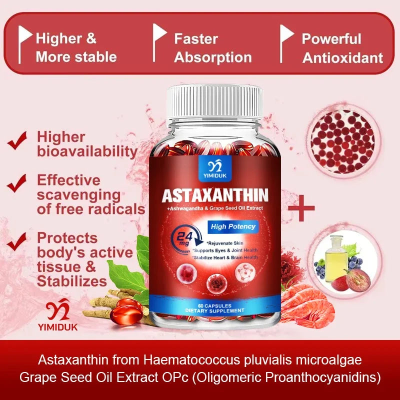 Astaxanthin 24 Mg Capsules, with Grape Seed Oil & Ashwagandha Root Extract, for Healthy Vision, Boosts lmmunity, Radiant Skin