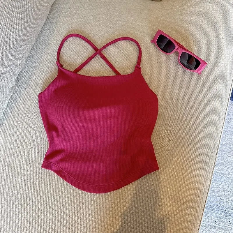 Summer Sexy ort Tank Top Women's Slim Fit Csole Vest Outerwear with Chest Pad Strap Vest Pure Color Faion Design