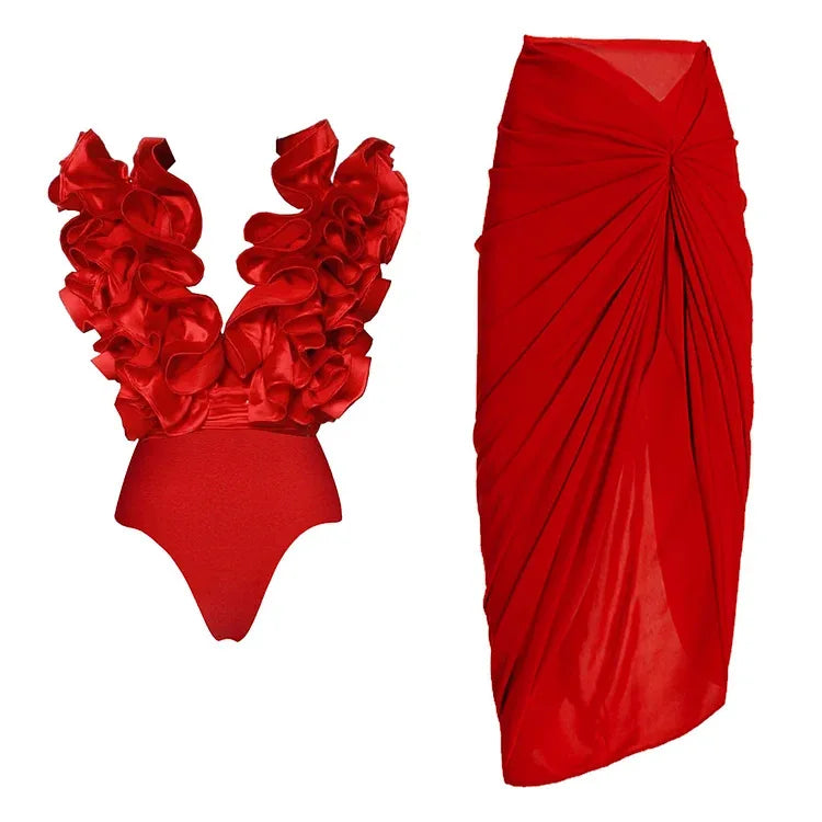 Bikini Bodysuit Swimwear Women With Skirt Bathing Suit Summer New Ruffle Splice Print Beachwear Holiday Bikini Cover Ups Outfits