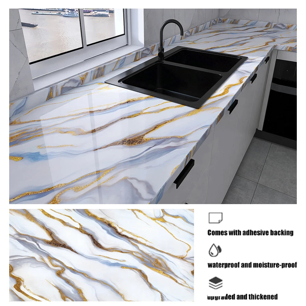Marble oil resistant 40cm kitchen sticker self-adhesive waterproof cabinet stove top wallpaper desktop bathroom decoration