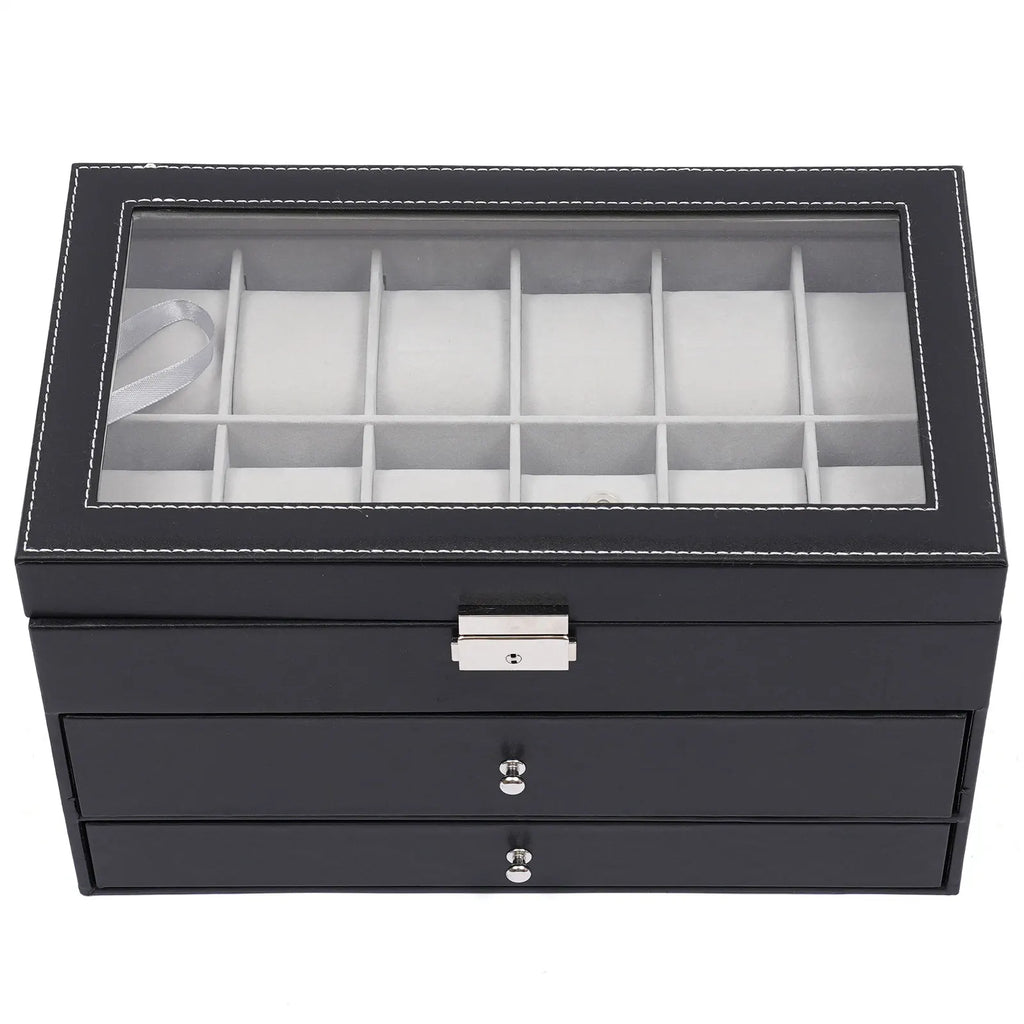 3 Layer Black Leather Watch And Eyeglasses&Sunglasses Box With Jewelry Display Drawer Metal Buckle Case Organizer