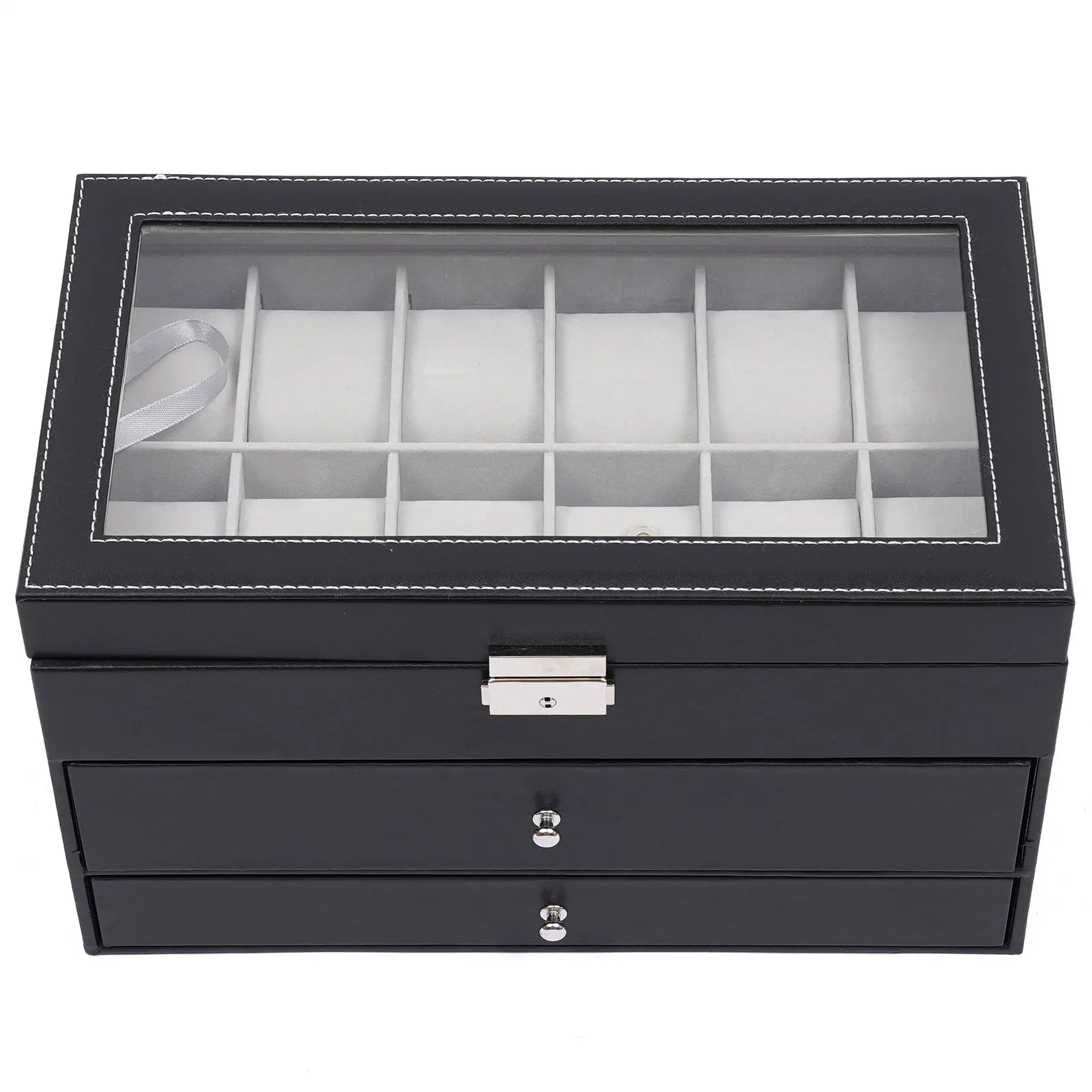 3 Layer Black Leather Watch And Eyeglasses&Sunglasses Box With Jewelry Display Drawer Metal Buckle Case Organizer