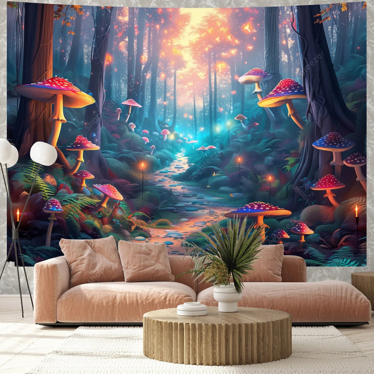 Fantasy Mushroom UV Reactive Tapestry Beautiful Floral Plant Tapestry Wall Hanging Gothic Home Wall Decor Room Decor Aesthetic
