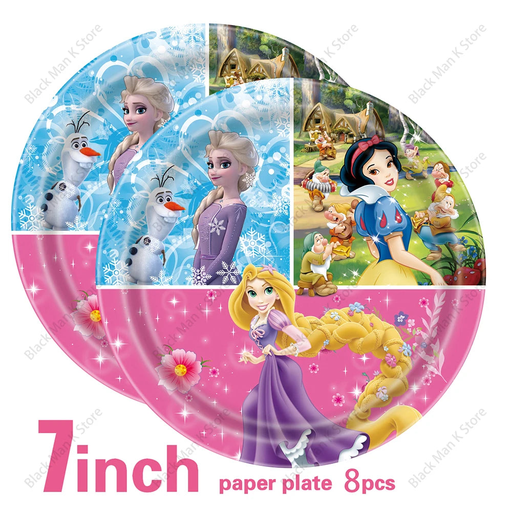 Princess Snow Queen Theme Disposable Tableware Decorations Kid Girl Birthday Party Supplies Princess Cup Plate Tablecloth Set