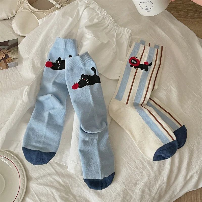 Socks For Women Cute New Novelties Fashion Cotton Breathable Funny Socks Female Casual Long Preppy Style Cartoon Socks Striped
