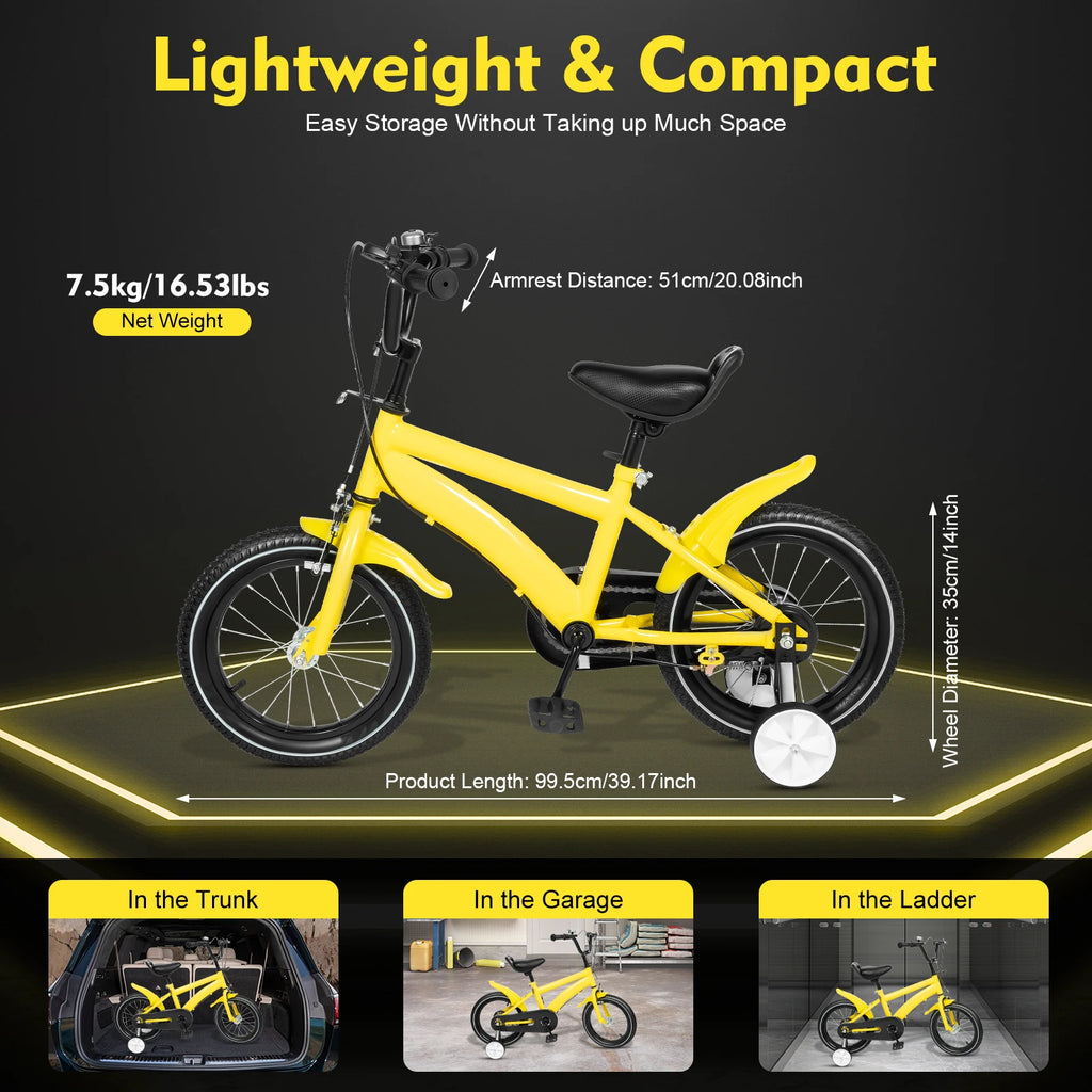 14inch Children's Bicycle with Training Wheel for 2-5 Year-Old Boys and Girls, Height Adjustable Kids Bike White/Yellow/Red/Blue