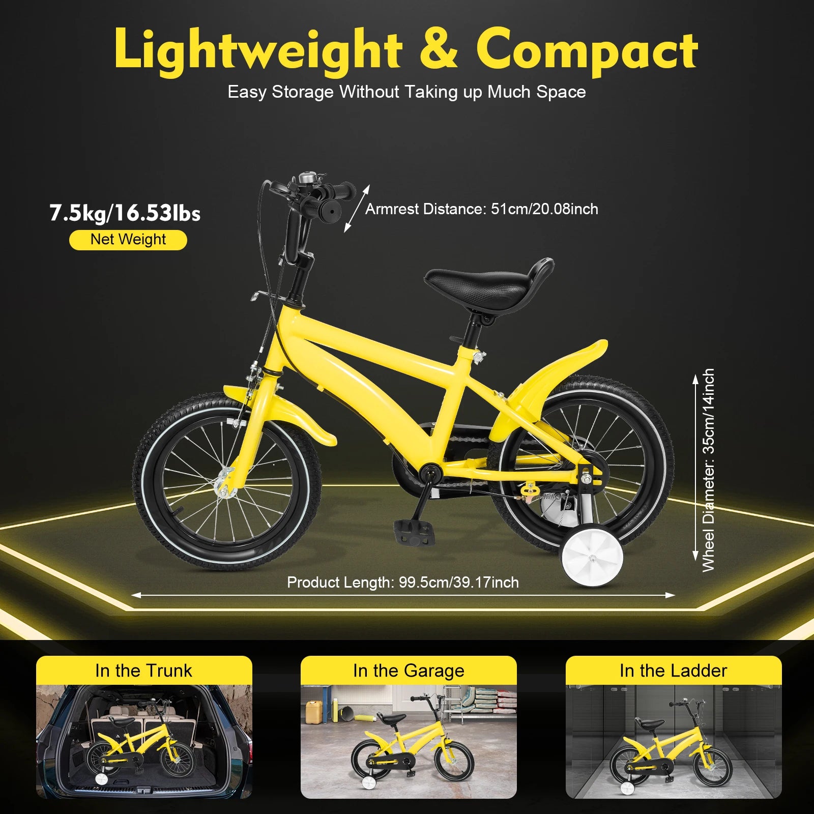 14inch Children's Bicycle with Training Wheel for 2-5 Year-Old Boys and Girls, Height Adjustable Kids Bike White/Yellow/Red/Blue