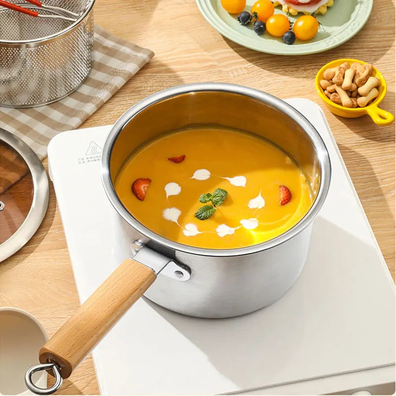 20cm Stainless Steel Deep Fryer Pot with Strainer Basket Wood Handle Mini Saucepan Soup Pot Milk Pan Cooking Pot Induction Safe