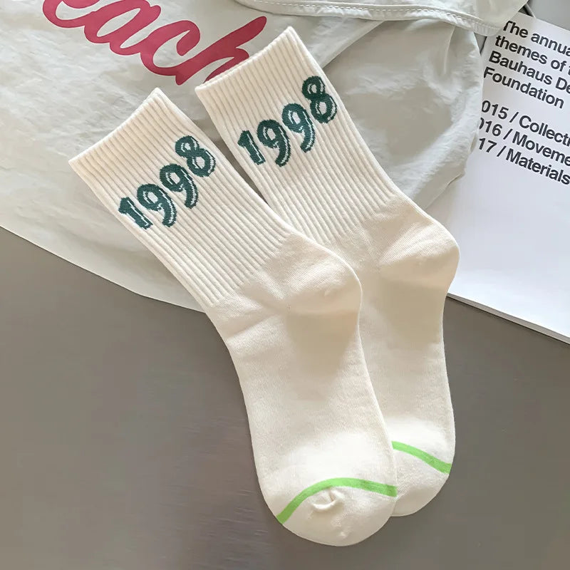 5 pairs of sports socks for women in autumn winter with striped letters sweat absorbing odor proof retro women's socks