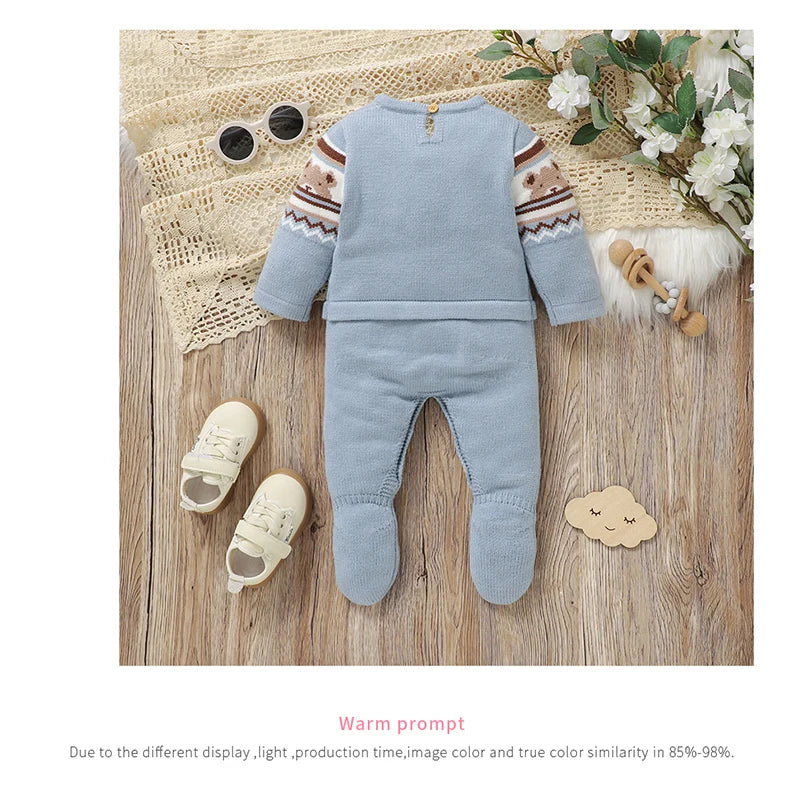 Baby Romper Knitted Toddler Kid Clothes 0-9M Infant Overalls Cute Bears Newborn Boys Girls Jumpsuit Long Sleeve Foot Wrap Autumn