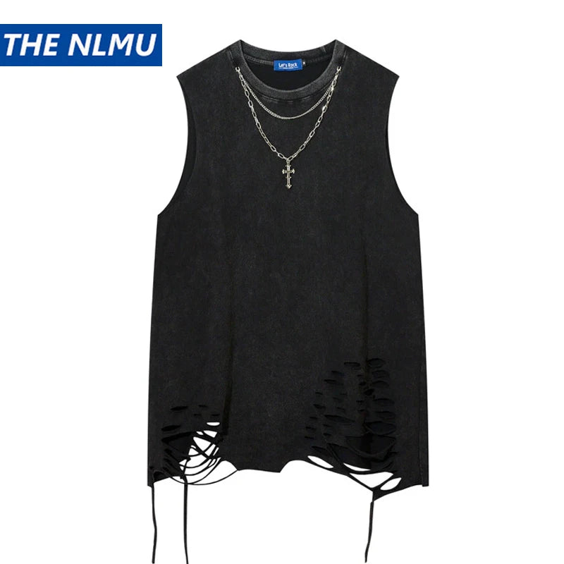 Hip Hop Tank Tops Men's Vintage Washed Sleeveless T-Shirt Hole Harajuku Dancing Breathable Tops with Necklace Streetwear