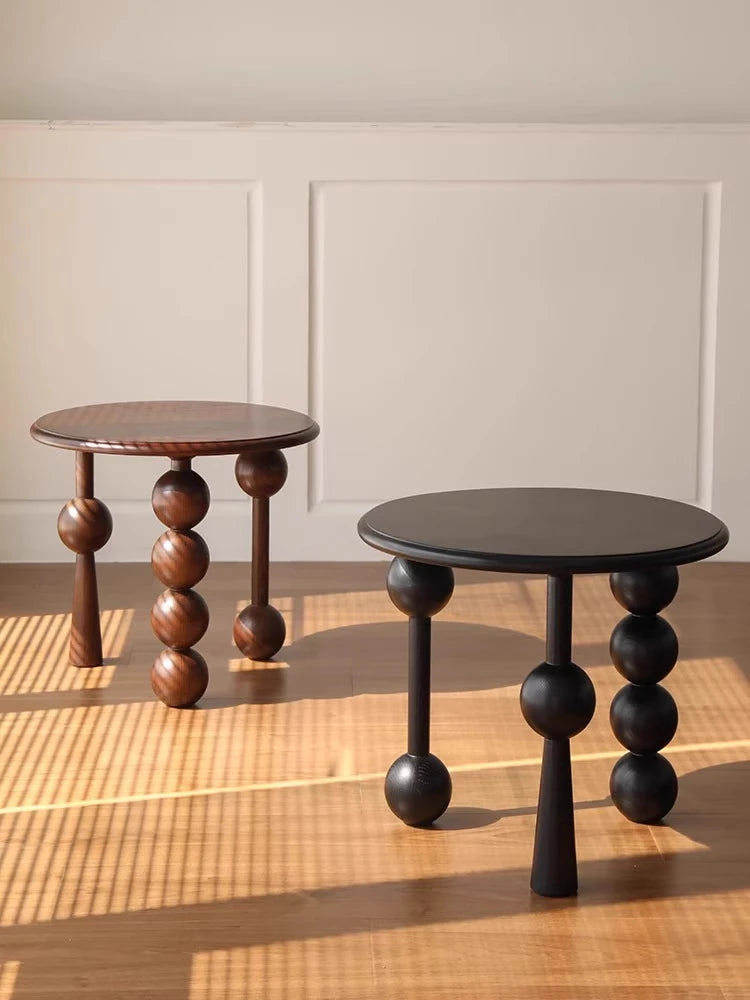 French Light Luxury Walnut Coffee Table Vintage Round Storage End Table Solid Wood Sofa Nightstand Living Room Bedside Accent