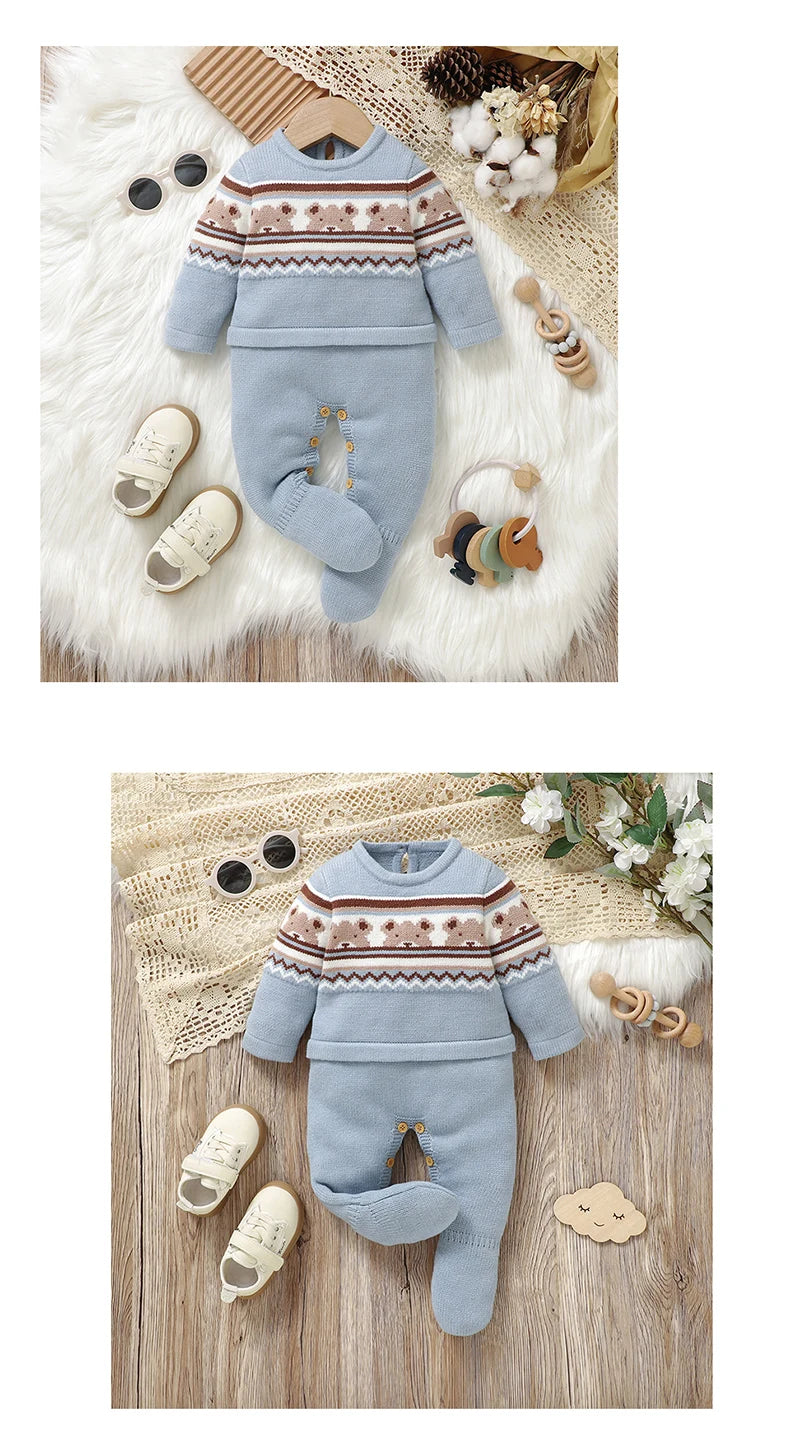 Baby Romper Knitted Toddler Kid Clothes 0-9M Infant Overalls Cute Bears Newborn Boys Girls Jumpsuit Long Sleeve Foot Wrap Autumn