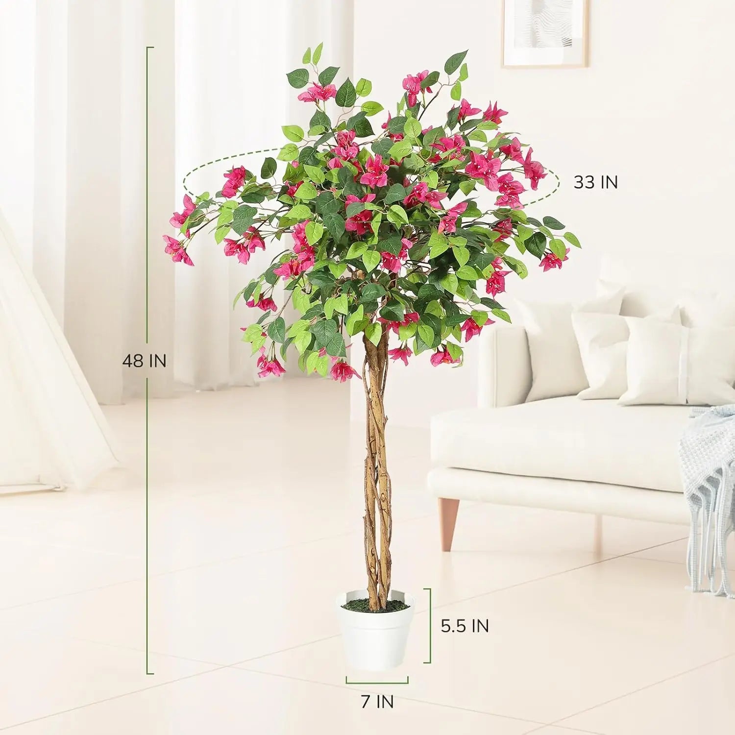 Artificial Bougainvillea Tree, Tall Potted Lifelike Tree Indoor, Faux Tree with Wood Trunk and Pink Flowers for Outdoor