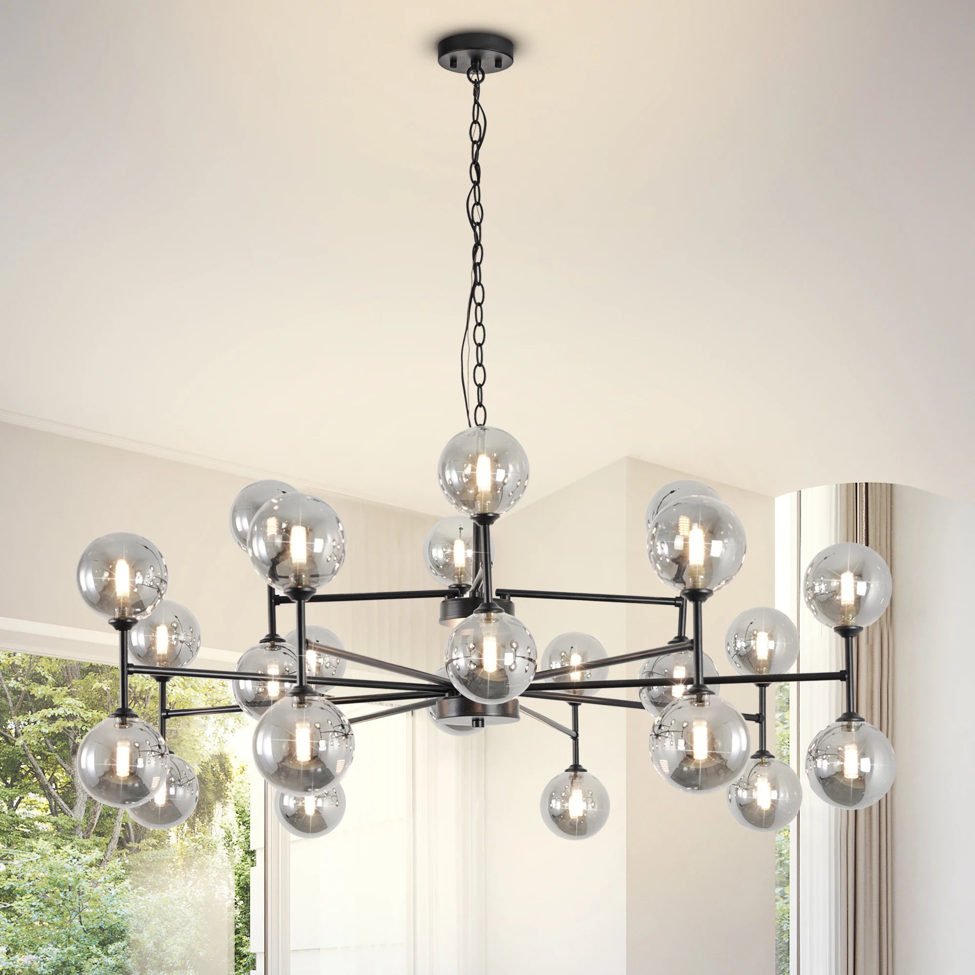 24-Light Sputnik Chandelier Black with Glass Shades Bubble Chandelier for Dining Room Living Room Sputnik Light Fixtures