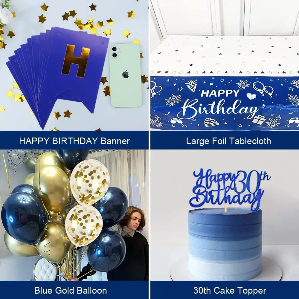 Men 30th 40th Birthday Decorations Night Blue Gold Birthday Balloon Garland Kit with Birthday Shoulder Strap and Tablecloth