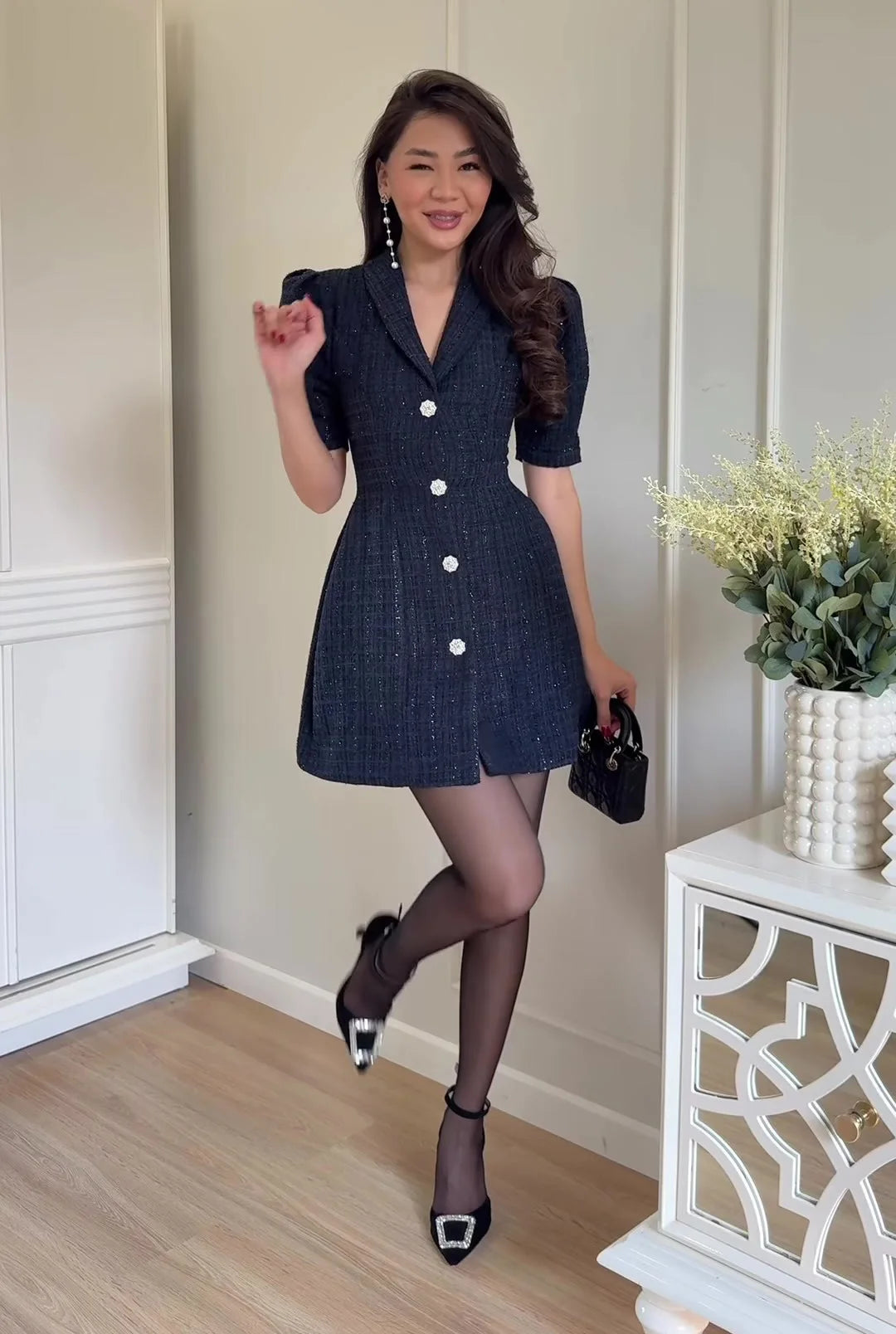 Women's Clothing 2026 Spring New Suit Collar Short Sleeve Cardigan Elegant Mini Bodycon Dress