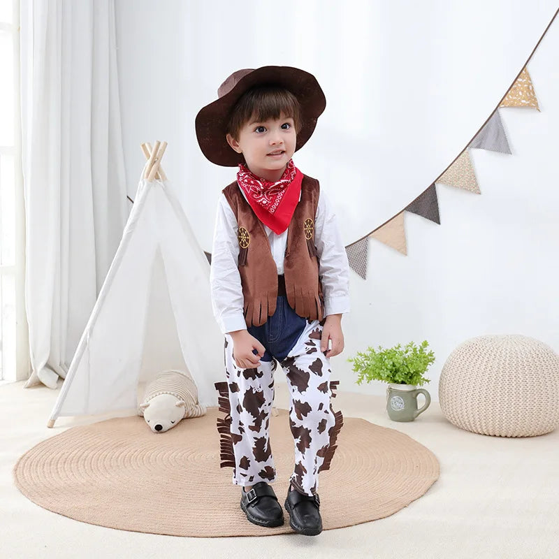 Cowboy Costume Children Western Cowboy Costumes Purim Cosplay Halloween Event Dress Up Party Stage Performance Outfits