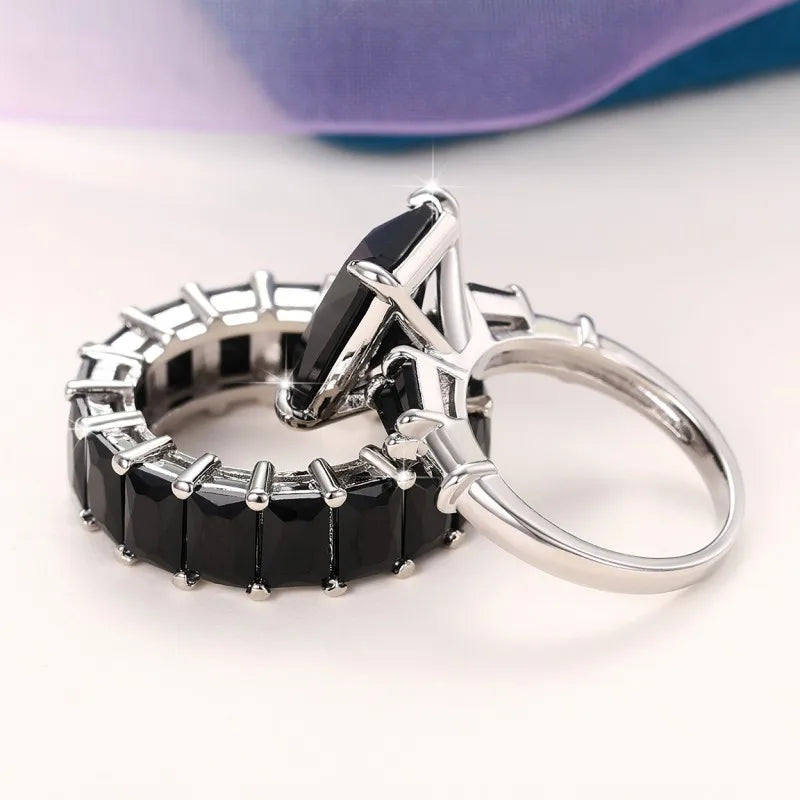 CAOSHI 2Pcs/Set Gorgeous Wedding Rings for Women Brilliant Cubic Zirconia Finger Jewelry for Anniversary Party Fashion Lady Gift
