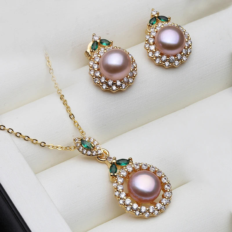 Wedding 18K Gold Plated Jewelry Set With Pearl Earrings And Necklace Wife Mother Anniversary Gift White Pink Black Gray