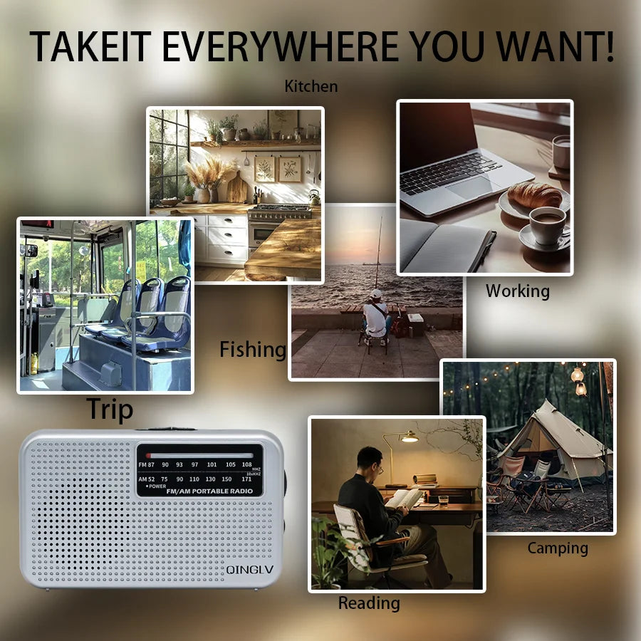 AM/FM portable radio with high sensitivity and high sound quality, uses durable No. 7 batteries, built-in high quality