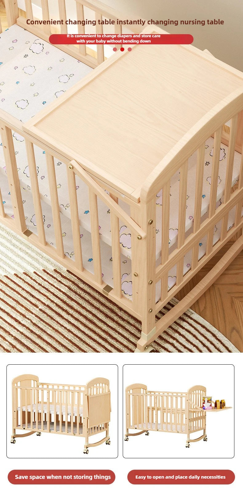 Baby Comfortable Sleeping Bed Solid Wood Newborn Baby Bed Multifunctional Baby Rocking Bed with Wheels and mosquito net
