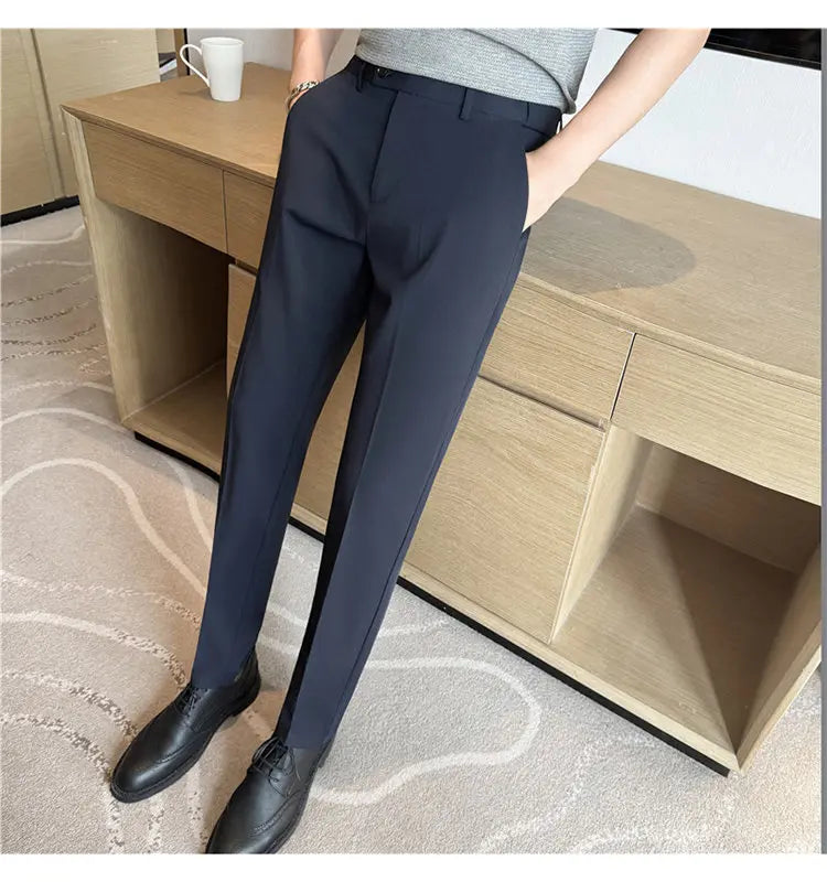 Men Suit Pant Elastic Waist Solid Slim Fit Dress Pants Light Thin Business Casual Office Social Trouser Oversized Men Clothing