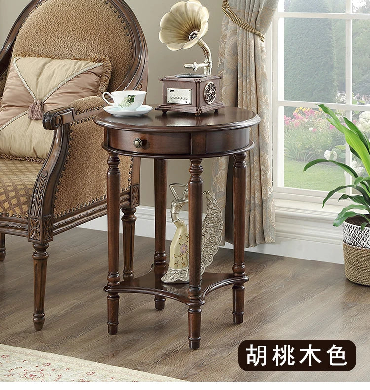 Solid Wood Sofa Side Table American Living Room round Desk European-Style Coffee Surface Casual Telephone Shelf for Entryway