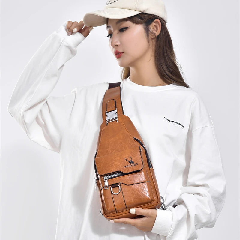 New PU Leather Crossbody Bag Vintage Casual Chest Bag Men Women Large Capacity Waterproof Sling Bag Simple Business Shoulder Bag