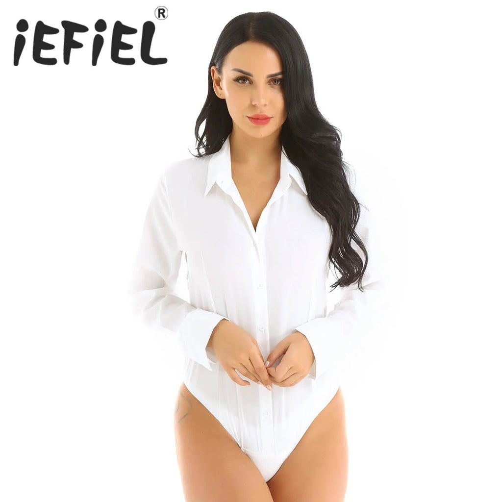 Women Office Lady Work White Bodysuit Long Sleeve OL Shirt Leotard Women's Clothing Female Turn Down Collar Tops Body Blouse