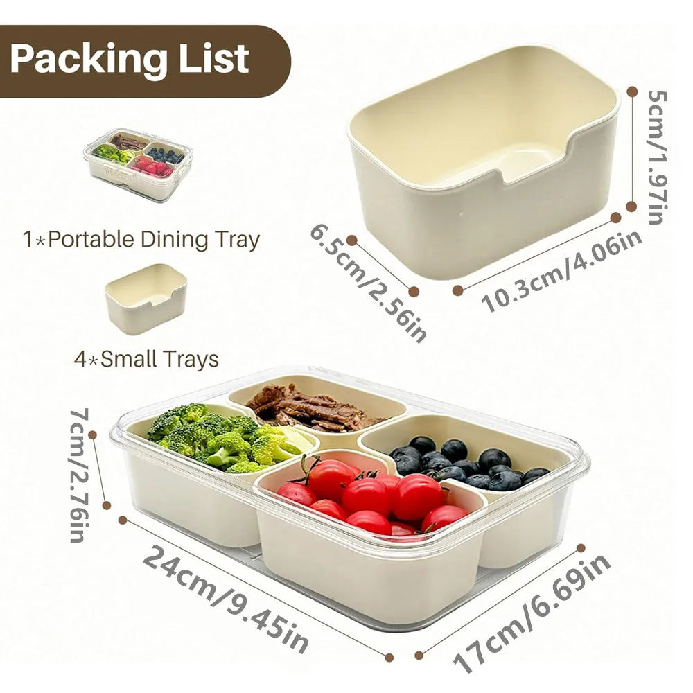 Snack Box Container, 4 Compartments Divided Serving Tray with Lid, Snackle Box Container, Snack Organizer for Fruit, Veggie, Per