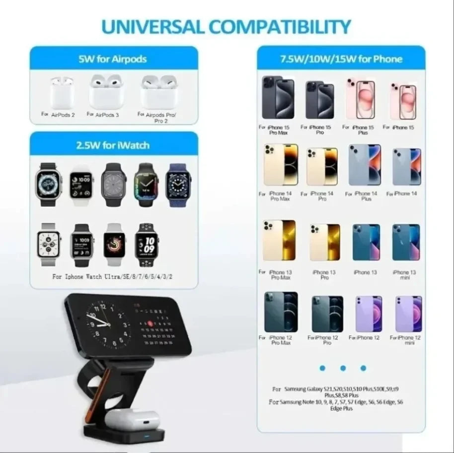 3 in 1 Fast Charging Station Foldable Magnetic Wireless Charger Stand for iPhone 17 16 15 14 13 12 iWatch 10-2 Airpods Pro Max