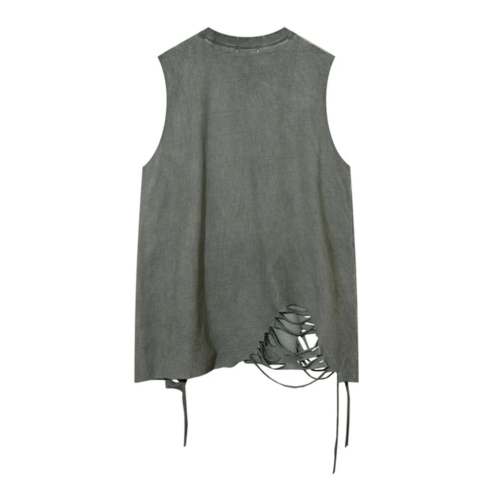 Hip Hop Tank Tops Men's Vintage Washed Sleeveless T-Shirt Hole Harajuku Dancing Breathable Tops with Necklace Streetwear