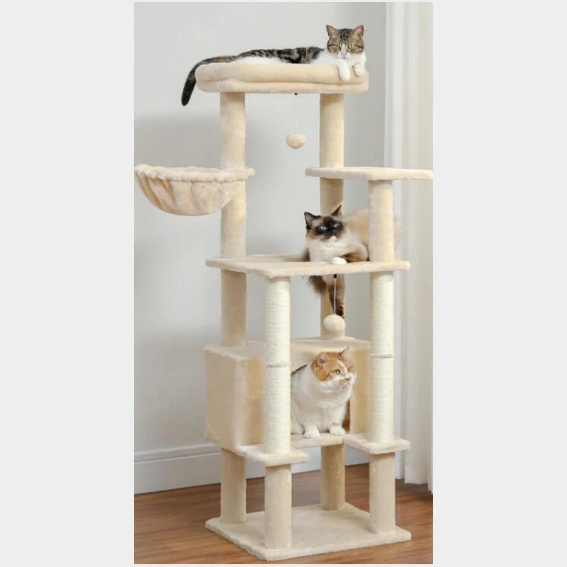 Cat Tree With Top Perch, Cat Tower With Plush Hammock, Cat Shelves And Dangling Pompom, Cat Scratching Posts And 2 Condos Houses