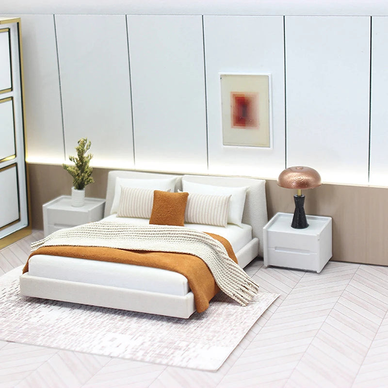 Dollhouse Cream Color Double Bed Model For Bedroom Micro Landscape Scene Miniature Furniture Doll Accessories