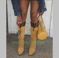 Lady denim canvas yellow runway knee boots causal running office lady dress boots size vintage lace-up new arrive pointed toe 43
