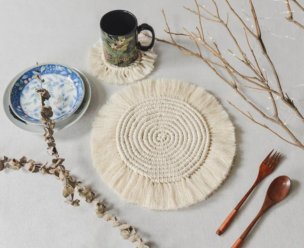 Macrame Placemats Cup Mat Bohemia Tablecloth Coaster Cup Pad Northern non-slip Mat Pure Handcrafted Cotton Braid Insulation Mats