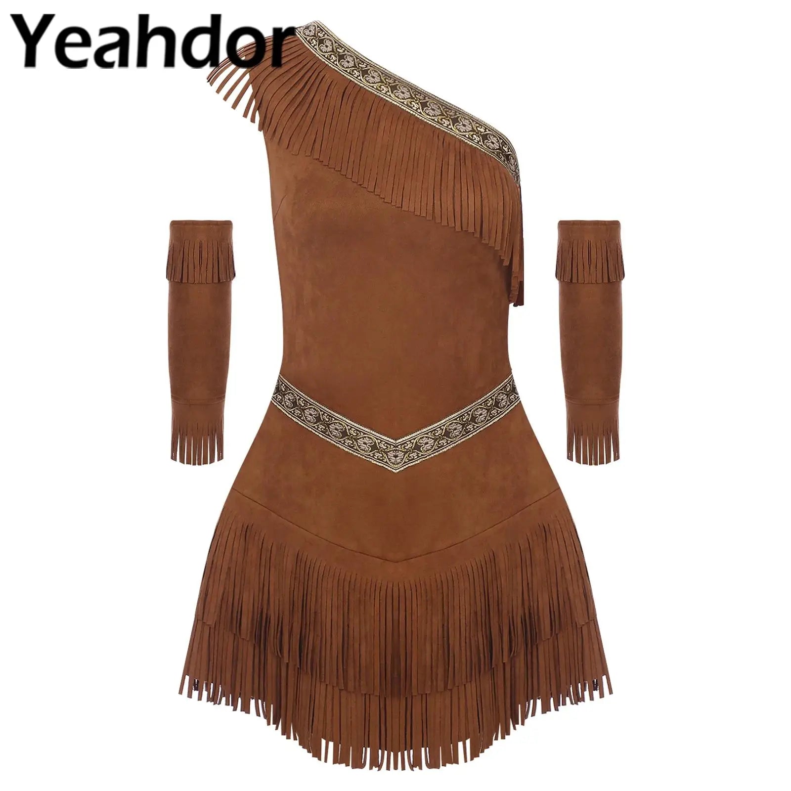 Womens Indian Native Cosplay Costume Halloween Cosplay Party Dress One Shoulder Sleeveless Fringe Dress Up with Tassel Sleeves