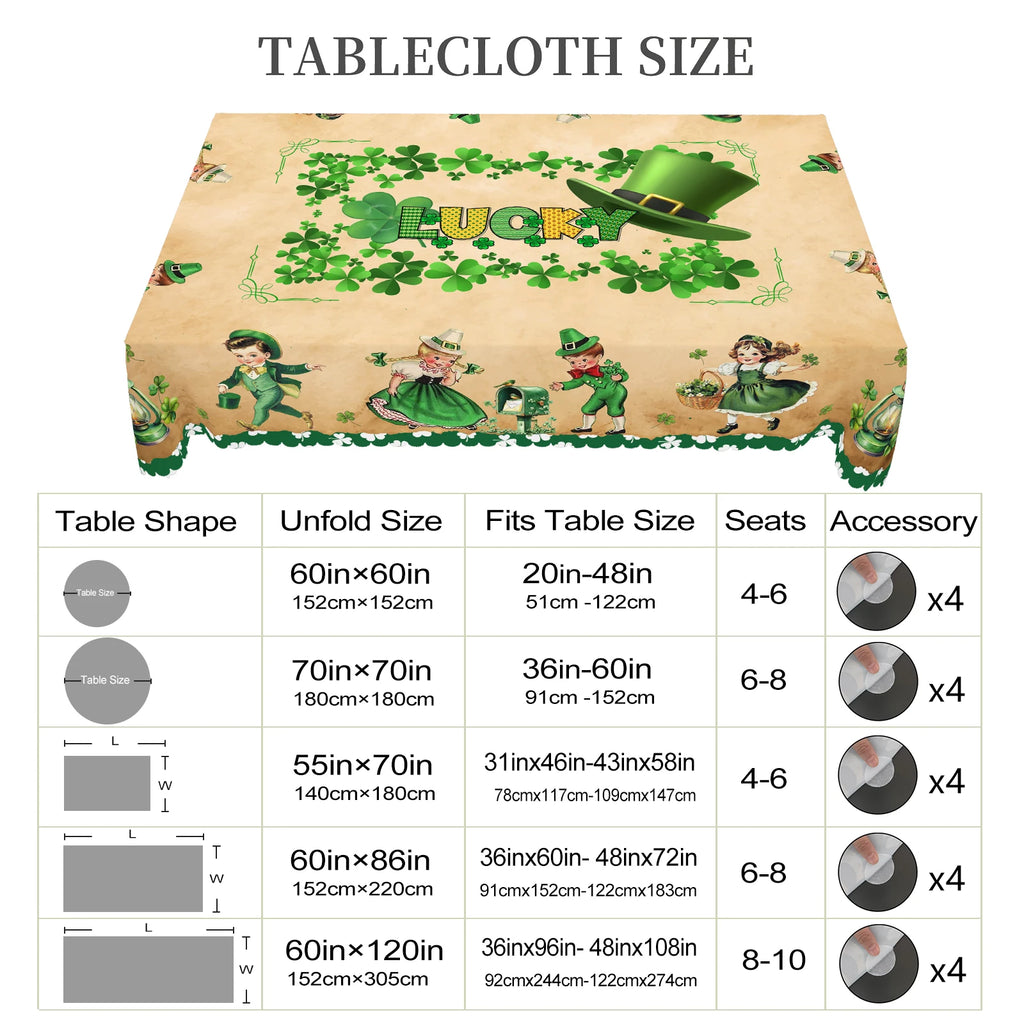 1 Piece of St. Patrick's Day Square Tablecloth, 5 Sizes Available, Dancing Irish Children's Printed Tablecloth, Green Lucky Four-Leaf Clover Round Tablecloth, Edge Embossing Process, Spring Garden Tablecloth Decoration, Table