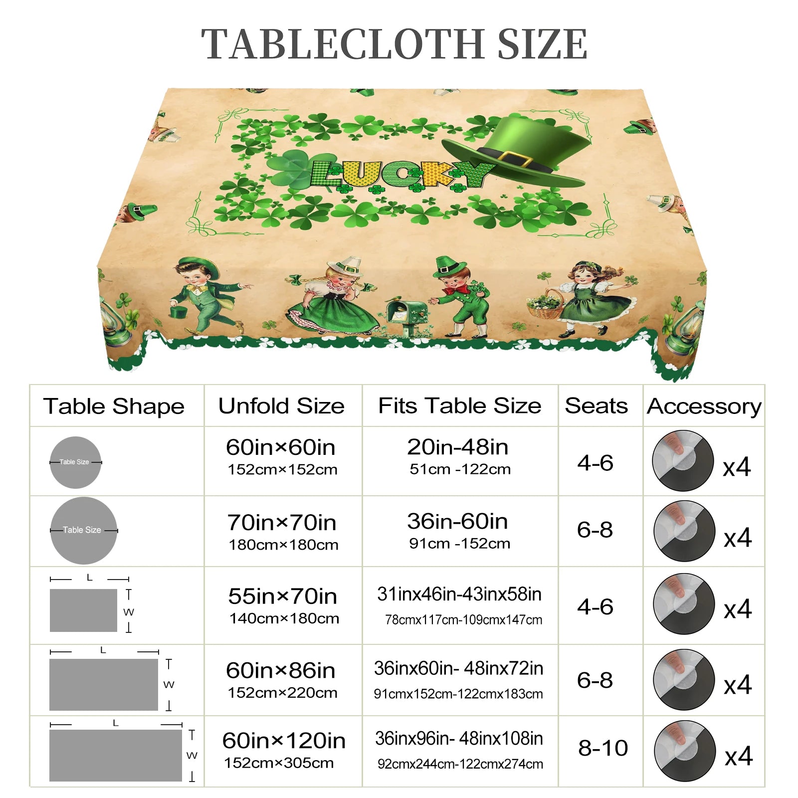 1 Piece of St. Patrick's Day Square Tablecloth, 5 Sizes Available, Dancing Irish Children's Printed Tablecloth, Green Lucky Four-Leaf Clover Round Tablecloth, Edge Embossing Process, Spring Garden Tablecloth Decoration, Table
