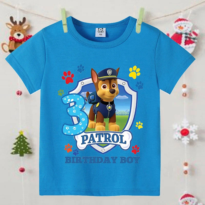 Paw Patrol Blue T-shirts for Boys Anime Cartoon Cute Birthday Clothing Children Summer Fashion Short Sleeved Shirt Kids Clothes