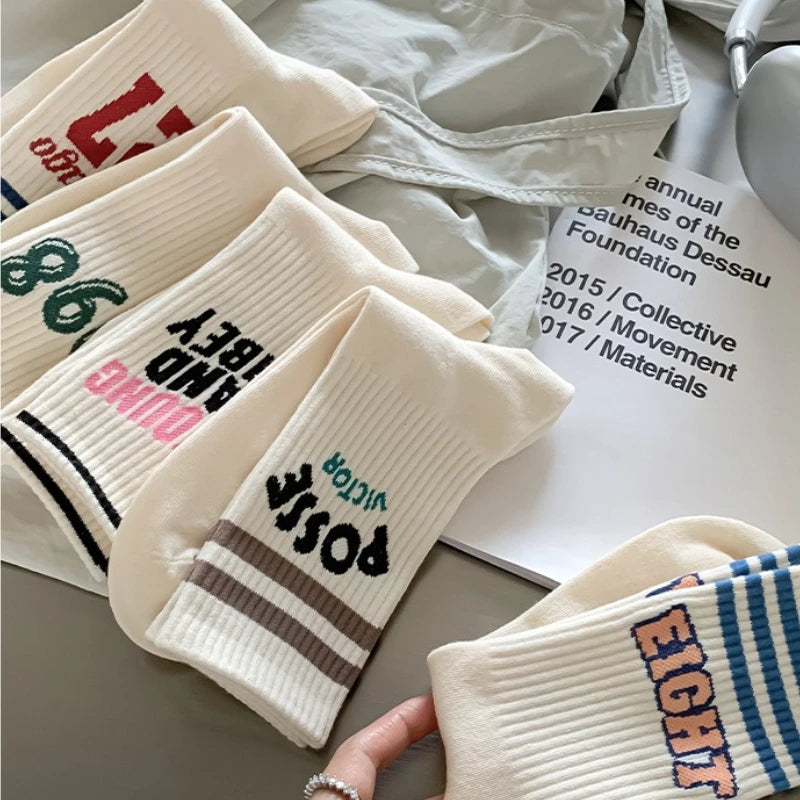 5 pairs of sports socks for women in autumn winter with striped letters sweat absorbing odor proof retro women's socks
