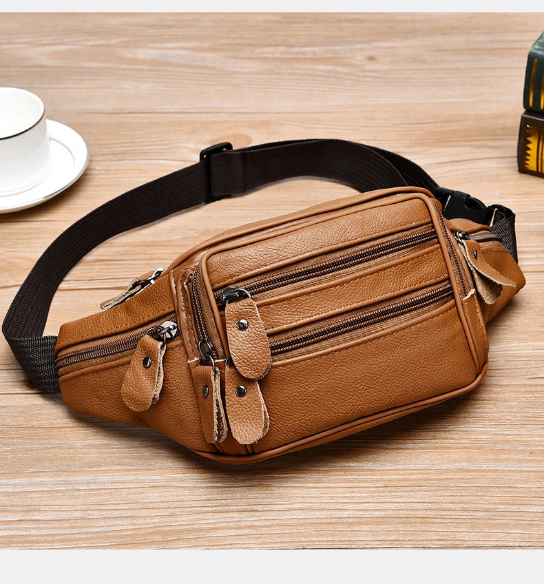 Large Capacity Waterproof PU Leather Men's Waist Bag Male Zipper Site Workers Travel Phone Bag Fanny Pack Men