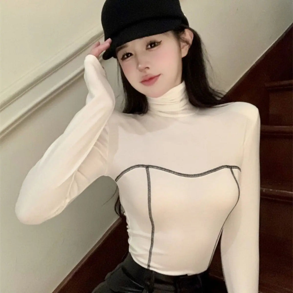 Women's Clothing Autumn Winter Korean Fashion High Collar Y2K Sexy Basic T-shirts Elegant Chic Black White Long Sleeve Slim Tops