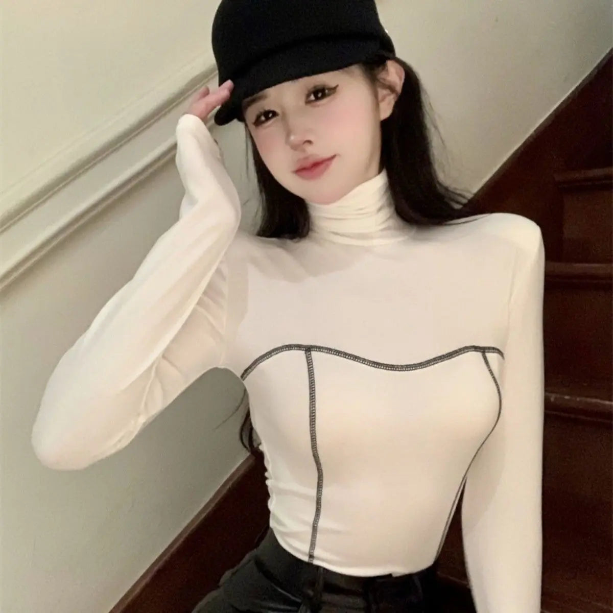 Women's Clothing Autumn Winter Korean Fashion High Collar Y2K Sexy Basic T-shirts Elegant Chic Black White Long Sleeve Slim Tops
