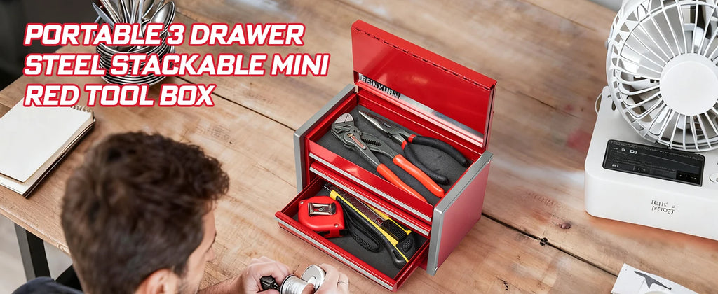Geinxurn Mini Tool Box, Red Portable 3 or 5 Drawer Micro Roll Cab Steel Stackable Tool Cases with Magnetic Tab Locking