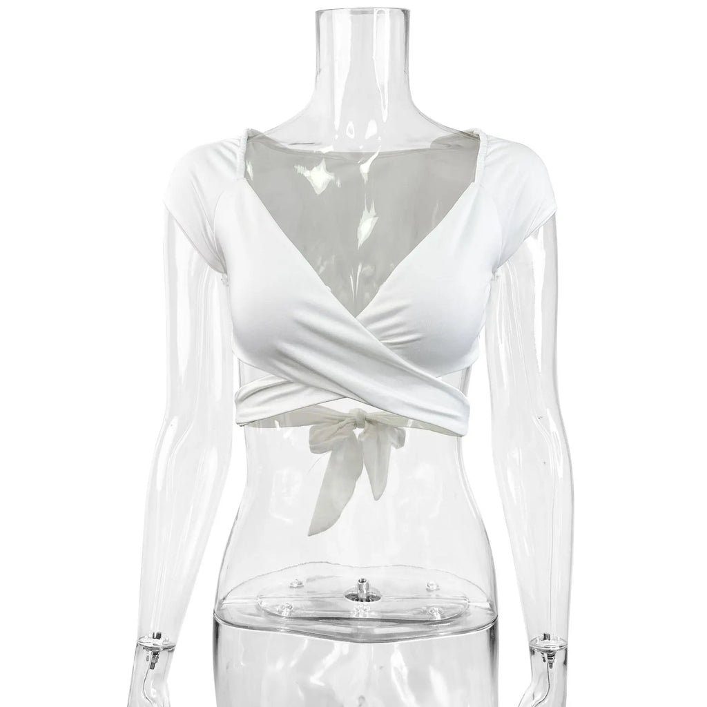 Summer Women's Sexy V Neck T-Shirt High Waisted Push Up Crop Top Stretchy Blend Daily Club Outfit Beach Elegant Curvy Fit Tee