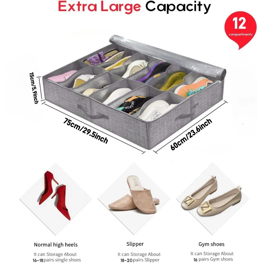 Shoe Storage Organizer Box with Reinforced Handles for Under Bed, Fit 12 Pairs, Collapsible Closet Underbed Shoes Container Bags